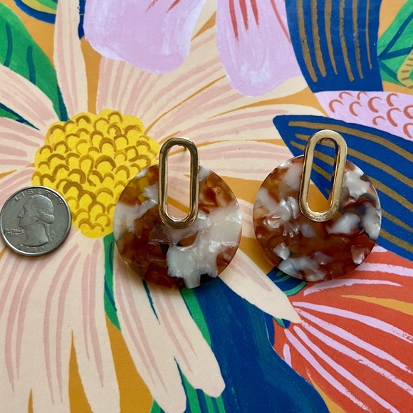 Modern Circle Hoop Brown Acrylic Marbled Gold Trim Earrings - Picture 3 of 6